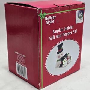 Holiday Style Snowman Napkin Holder with Salt and Pepper Shakers Ceramic Set Gif